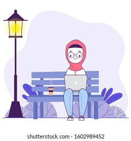 Hijab woman laptop working nature freelance vector illustration
