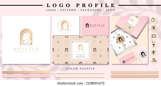 HIJAB WOMAN LOGO WITH PATTERN AND PACKAGING MOCKUP