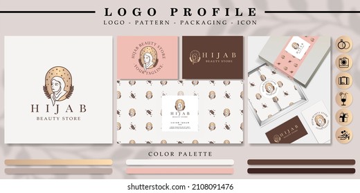 HIJAB WOMAN LOGO WITH PATTERN AND PACKAGING MOCKUP
