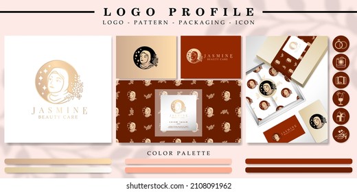 LOGOTIPO DE MUJER HIJAB CON MOCKUP DE PATRÓN Y EMBALAJE