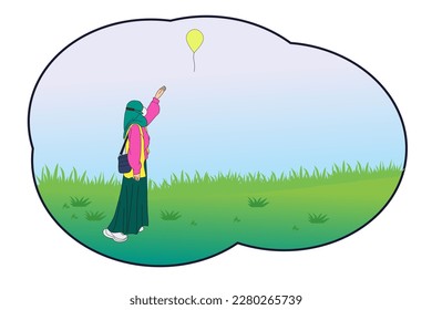 hijab woman on a green field reaching for a yellow balloon, illustration design vector