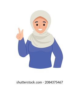 Hijab woman with pointing hand gesture. Flat vector cartoon design
