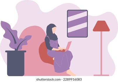 Hijab woman productive with laptop in living room flat character design