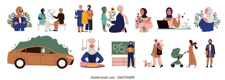 Hijab woman set with culture and traditions symbols flat isolated vector illustration