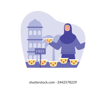 A hijab woman is sharing free food during the fasting month for iftar. Character design. Vector flat illustration