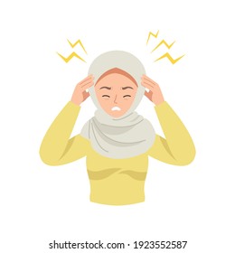 Hijab woman touch her head beause of stress or headache. Flat vector cartoon design.