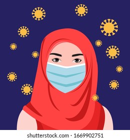 Mujer hijab usando mascarilla para evitar el virus de la corona. Vector de diseño minimalista de estilo plano