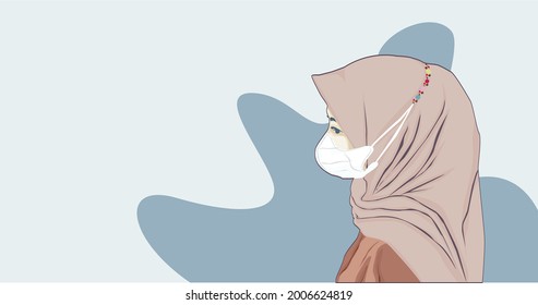 Hijab woman wearing adjustable face mask strap. vector illustration side view