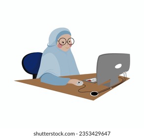 Hijab Woman Arbeit am Computer, für Aufkleber, Dekoration, Flach-Karte und andere. Ein einfaches Vektordesign