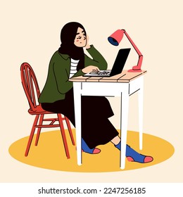 Hijab woman work from home.