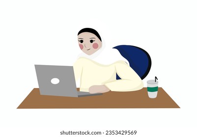 Hijab Woman Arbeit bei Laptop, für Aufkleber, Dekoration, Flach-Karte und andere. Ein einfaches Vektordesign