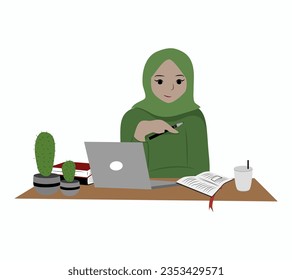 Hijab Woman Arbeit bei Laptop, für Aufkleber, Dekoration, Flach-Karte und andere. Ein einfaches Vektordesign