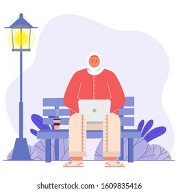 Hijab woman is working with laptop vector illustration