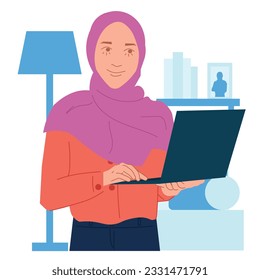 hijab woman working standing at home laptop office in flat illustration