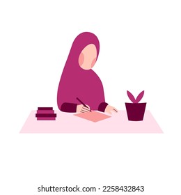 Hijab Woman Writing Flat Illustration