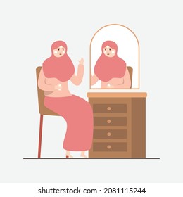 Hijab women apply the cream to facial skin in the mirror. Young woman hijab sitting in front of mirror flat illustration. Skincare routine concept in flat design illustration.