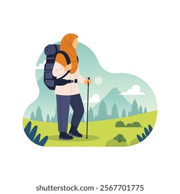 Hijab Women with backpack trekking in nature concept illustration