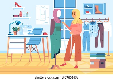 hijab women measuting a dress in the sclupture for making a pattern in the workshop,with clothes rack, sewing machine and fabric around. used for banner, website image and other