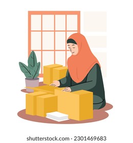 hijab women packing order hand drawn flat design illustration