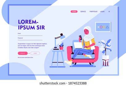 hijab women sitting on the sofa while working with laptop and holding smartphone. digital lifestyle at home flat vector illustration