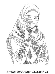 Hijab women wearing mask hand drawn sketch. Design vector illustration