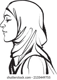 Hijabi Girl Wearing Religious Veil, Looking To The Side. Muslim Woman Wearing A Hijab In Profile, Side View. Religious, Modest Fashion Illustration. Simple Line Drawing.