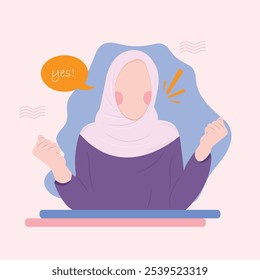 Hijabi feliz joven musulmana en la abaya rosa y hijab sin rostro mejor expresión islámica de dibujos animados. Ilustración vectorial, personajes sin rostro