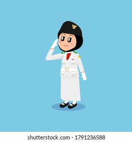 Hijabi National Flag Hoisting Troops  doing flag salute For Celebrating Indonesian Independence Day Ceremony