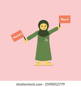 Hijabi Woman Celebrating Women's Day – A Powerful Illustration of a Woman in Hijab Holding a Flag, Perfect for Campaigns, Social Media, Posters, and Advocacy for Women's Empowerment and Rights