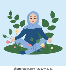 Hijabi woman meditating asana position. Muslim girls meditation 
illustration. Break muslim stereotypes. Break the bias concept.