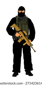 Hijacker Mann mit Maske und Gewehr, Vektorgrafik einzeln. Terroristische Erpressung verlangt Lösegeld von verängstigten Opfern Familie, um ihren Sohn zurückzugeben. Kriegsverbrechen. Brutale Entführer Geld oder lebenslange Erpressung