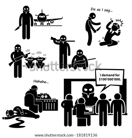 Hijacker Terrorist Airplane Stick Figure Pictogram Icon Clipart