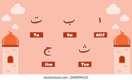 Hijaiyah Vector as Arabic Alphabet Alif, Ba, Ta, Tsa, Jim with Masjid as a Background.	
