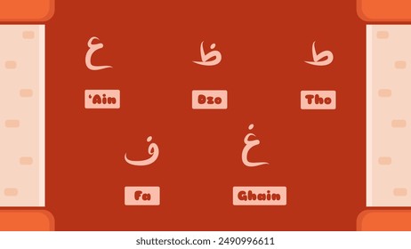 Hijaiyah Vector as Arabic Alphabet Tho, Dzo, 'Ain, Ghain, Fa with Masjid Pillars as a Background. Suitable for Pre School and Educational Content.