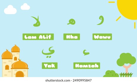 Hijaiyah Vector as Arabic Alphabet Wawu, Hha, Ali Lam, Hamzah, Yak with Masjid, Sun, Cloud, Tree, Grass, Garden and Sky as a Background. Suitable for Pre School and Educational Content.
