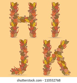 H,I,J,K Vector colorful font. Autumn theme, leaves and berries.
