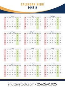 Hijri calendar 1447 H design template vector illustration. Includes all Islamic months with clear Arabic text, ideal for personal use, mosques, or Muslim communities.	