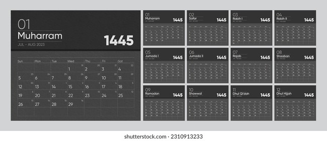 Hijri Calendar or Islamic Calendar 1445 -  Gregorian Calendar 2023 - 2024 Ready for print.