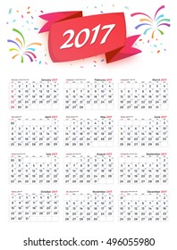 Hijri Islamic Calendar 2017 Vector Celebration template with week starting on sunday in white background