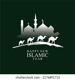 Hijri muharram background design and Islamic new year greeting card template with camel and mosque. also suitable for Eid al-Fitr, Eid al-Adha, Ramadan, and other Islamic day celebrations.