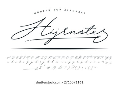 Hijrnotes font and alphabet set of vector calligraphy letter a b c d script font isolated letters