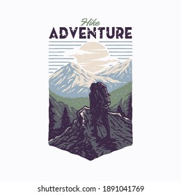 Hike adventure t shirt graphic design, hand drawn line style with digital color, vector illustration