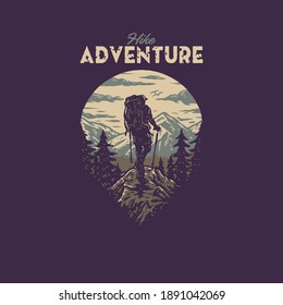 Hike adventure t shirt graphic design, hand drawn line style with digital color, vector illustration