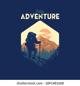 Hike adventure t shirt graphic design, hand drawn line style with digital color, vector illustration
