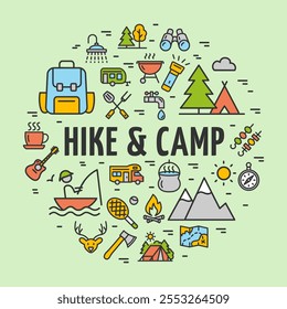 Hike e Camp Sign Round Design Template Cor Fino Ícone de Linha Banner. Ilustração vetorial do conceito de caminhada e acampamento