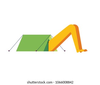Hike camping. Sticking out head and legs from tent. 