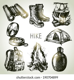Hike and camping tourism hand drawn set. Sketch design elements