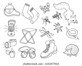 Hike and camping tourism hand drawn set. Sketch design elements. Camping icons isolated on white background. Doodle equipment, accessories, clothes, etc. for trekking and hiking.