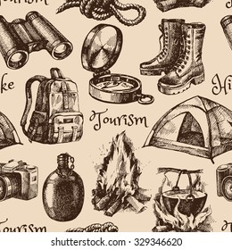 Hike and camping tourism hand drawn vintage seamless pattern. Vector illustration