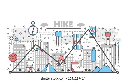 Hike concept vector illustration. Modern thin line art flat style design element with camping and hiking symbols, icons for website banners and printed materials.